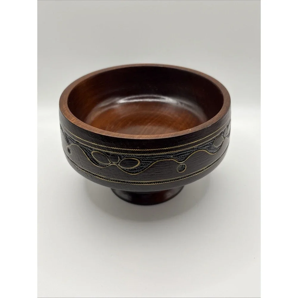 Hand Carved Wooden Pedistal Bowl With Metal Inlay